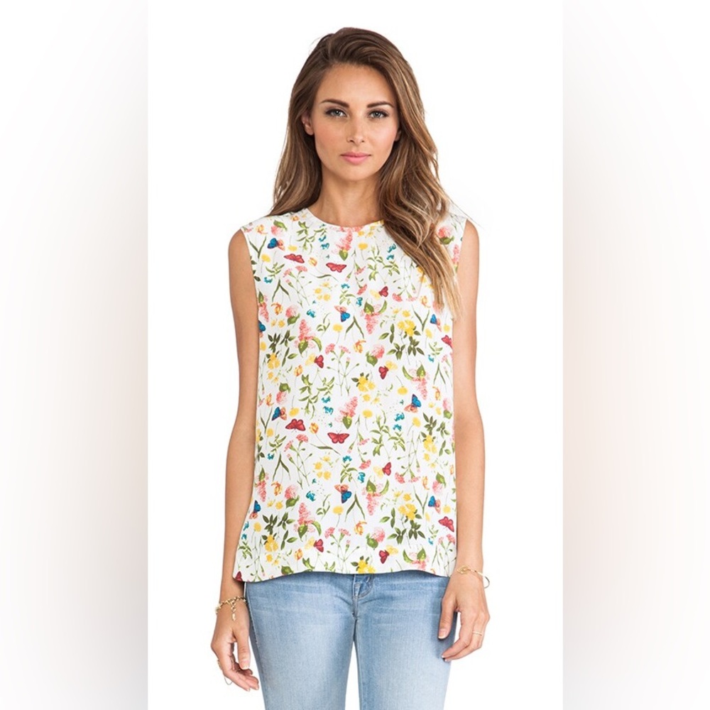 Equipment Femme Kyle Sleeveless Blouse in Bright White Floral Garden Print Silk